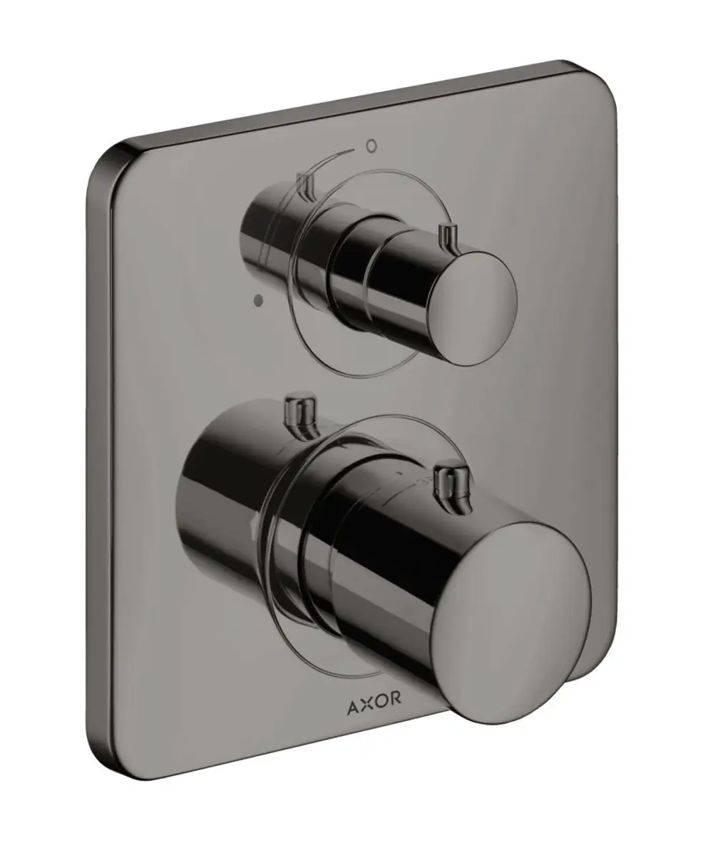 Wandmontierter, zweigängiger Thermostat mit Absperrventil in glänzendem Schwarz verchromt. Marke AXOR, mit klaren Bedienelementen und minimalistischer Form.